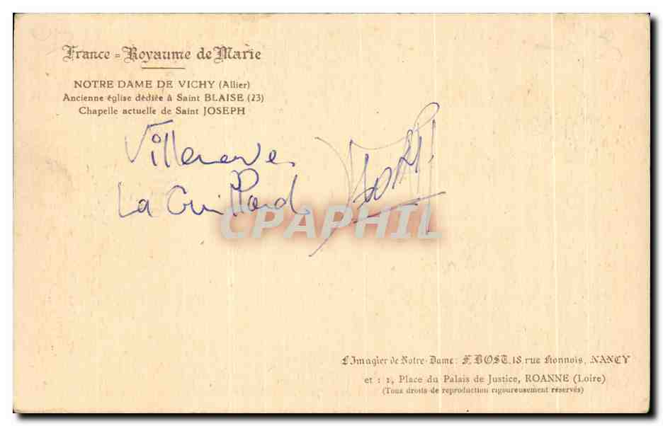 CPA Notre Dame De Vichy Ancienne eglise dediee a Saint Blaise — Verso