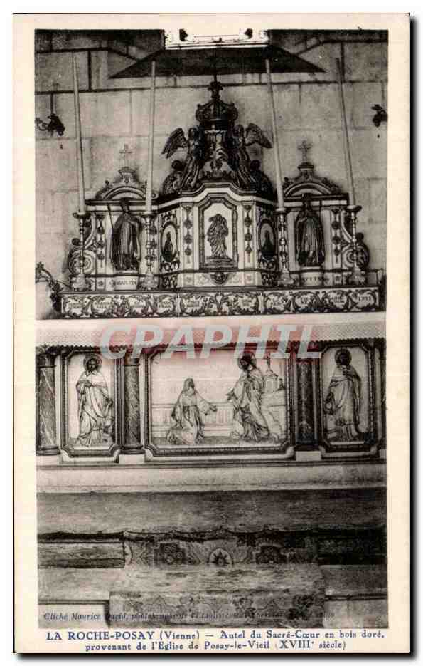 La Roche-Posay (Vienne) — Autel du Sacré-Cœur en bois doré, provenant de l'église de Posay-le-Vieil (XVIIIe siècle) — Cliché Maurice Gaud, photographe