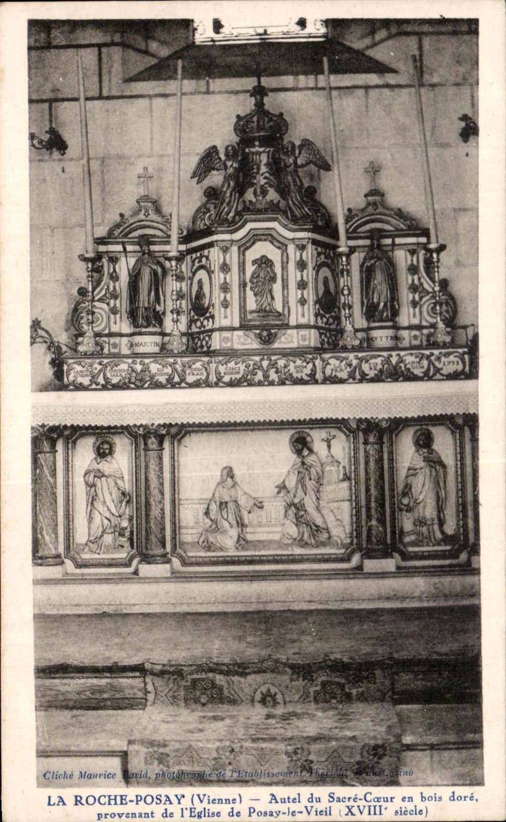LA ROCHE-POSAY (Vienne) — Autel du Sacré-Cœur en bois doré, provenant de l'Église de Posay-le-Vieil (XVIIIe siècle) — Cliché Maurice David, photographe de l'Établissement Théâtral et Cinéma