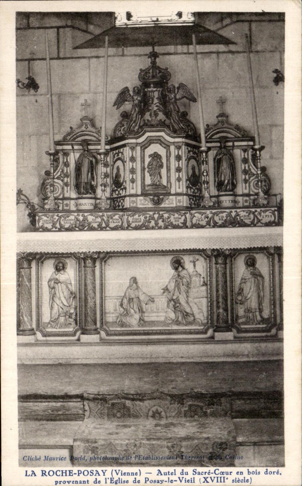 LA ROCHE-POSAY (Vienne) — Autel du Sacré-Cœur en bois doré, provenant de l'Église de Posay-le-Vieil (XVIIIe siècle) — Cliché Maurice David, photographe de l'Établissement Thermale du Casino