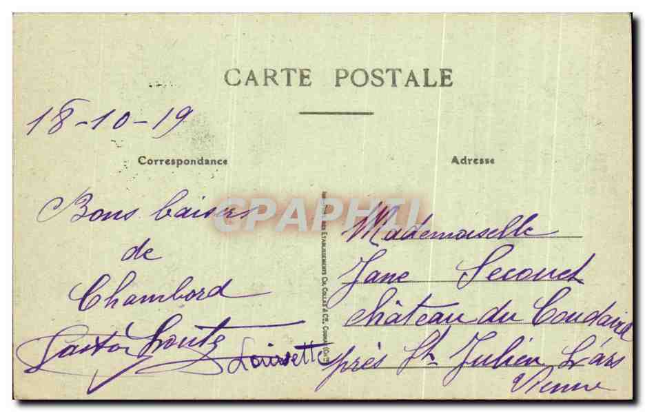 Chambord — Le Château, façade Nord — Carte postale n°109 — Verso