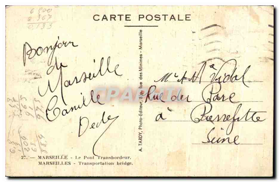 Le Pont Transbordeur — Marseille — A. TARDY, Photo-Éditeur, 27 — Verso