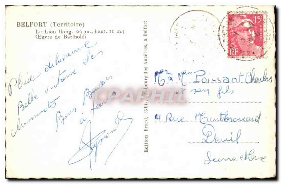 CPA Belfort Le Lion Oeuvre de Bartholdi — Verso