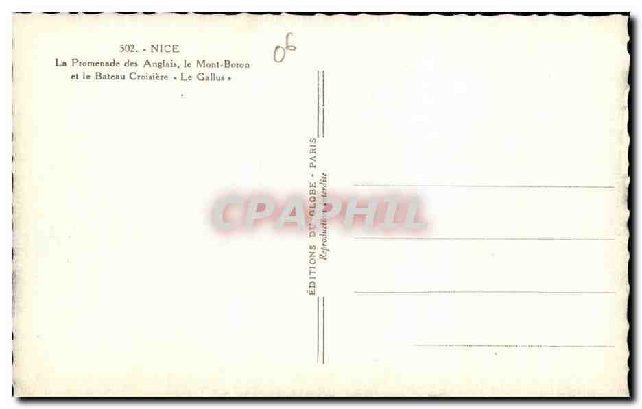 CPA Nice La promenade des Anglais le Mont Biron et le bateau croisiere Le Gallus  — Rückseite