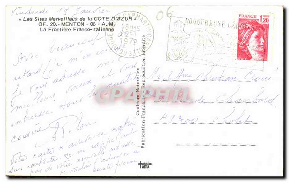 CPSM Les Sites Merveilleux de la Cote D'Azur Menton La Frontiere Franco italienne — Rückseite