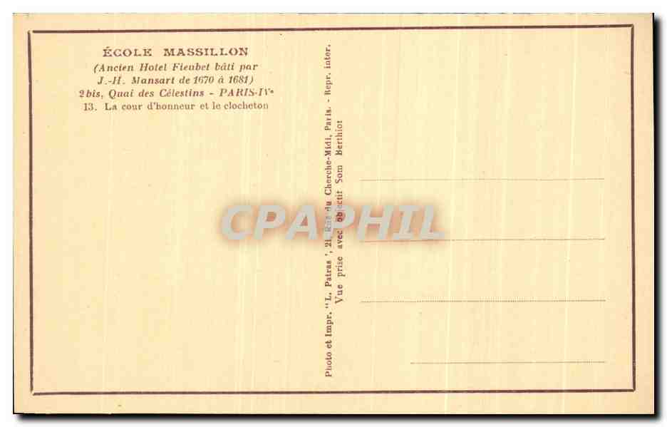 CPA Ecole Massillon Ancien hotel Fieubet Quai des Celestins Paris  — Rückseite