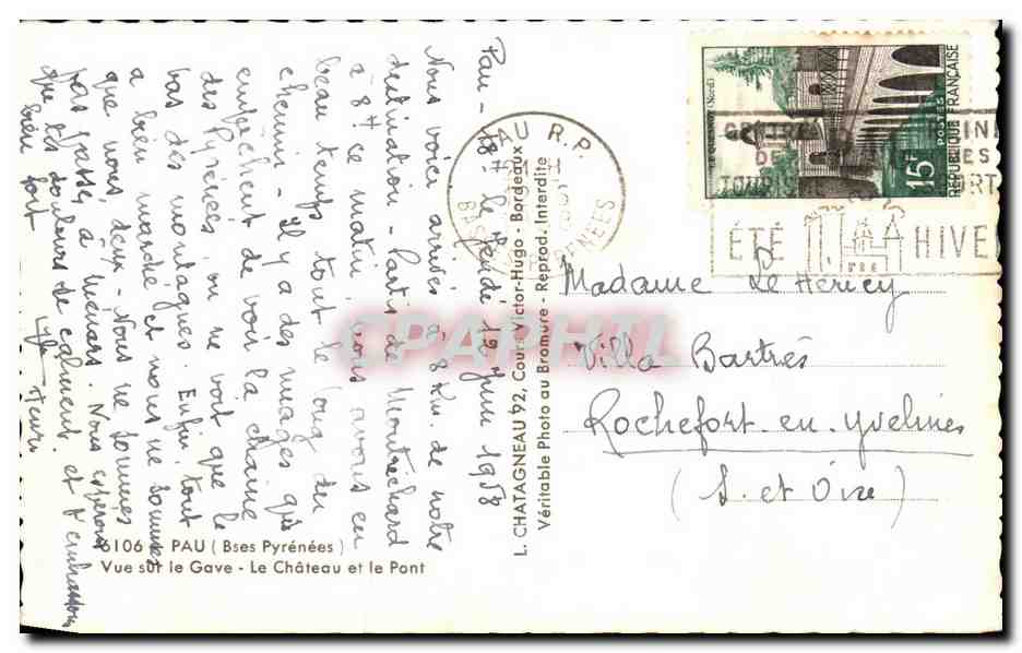 Pau (Basses-Pyrénées) — Vue sur le Gave, le Château et le Pont — Éditeur Elie, n°106 — Verso