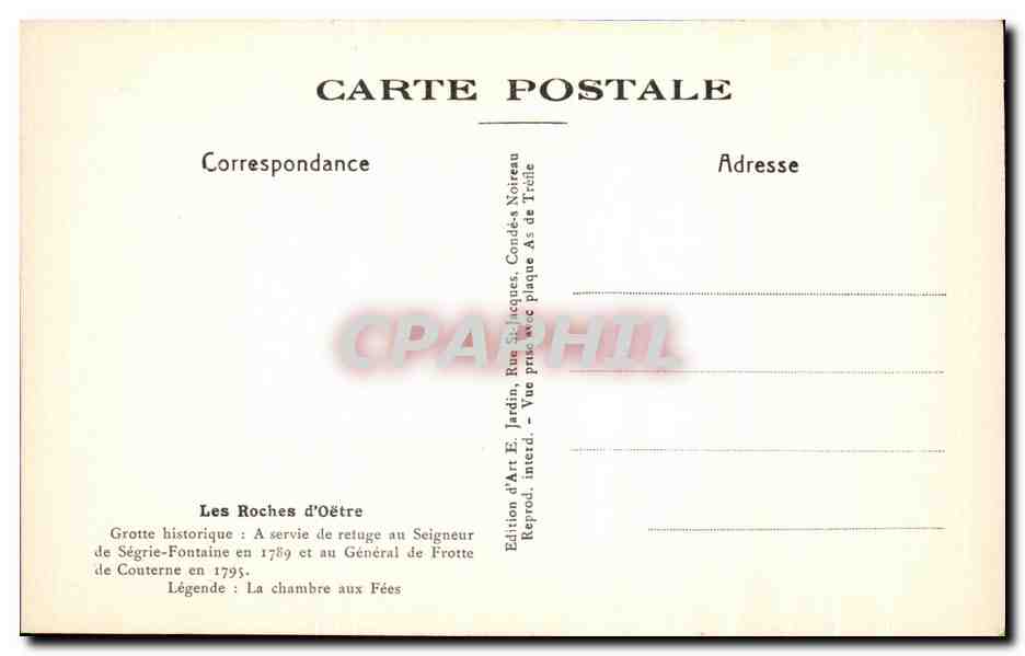 Les Roches d'Oëtre — La Grotte — La Suisse Normande — Édition d'Art E. Jardin, Reprod. 1895 — Reverso
