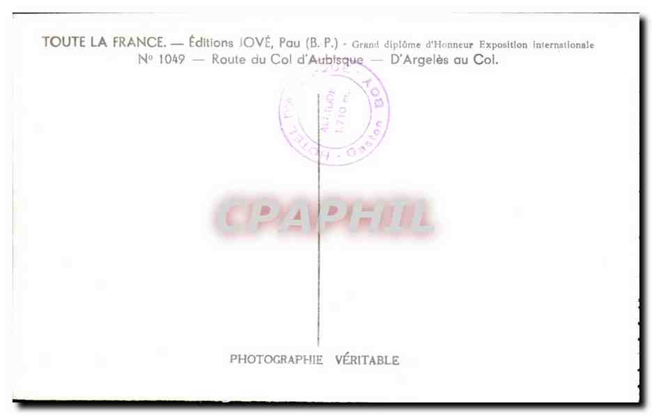 CPA Pau Route Du Col d'Aubisque D'Argeles au col  — Verso