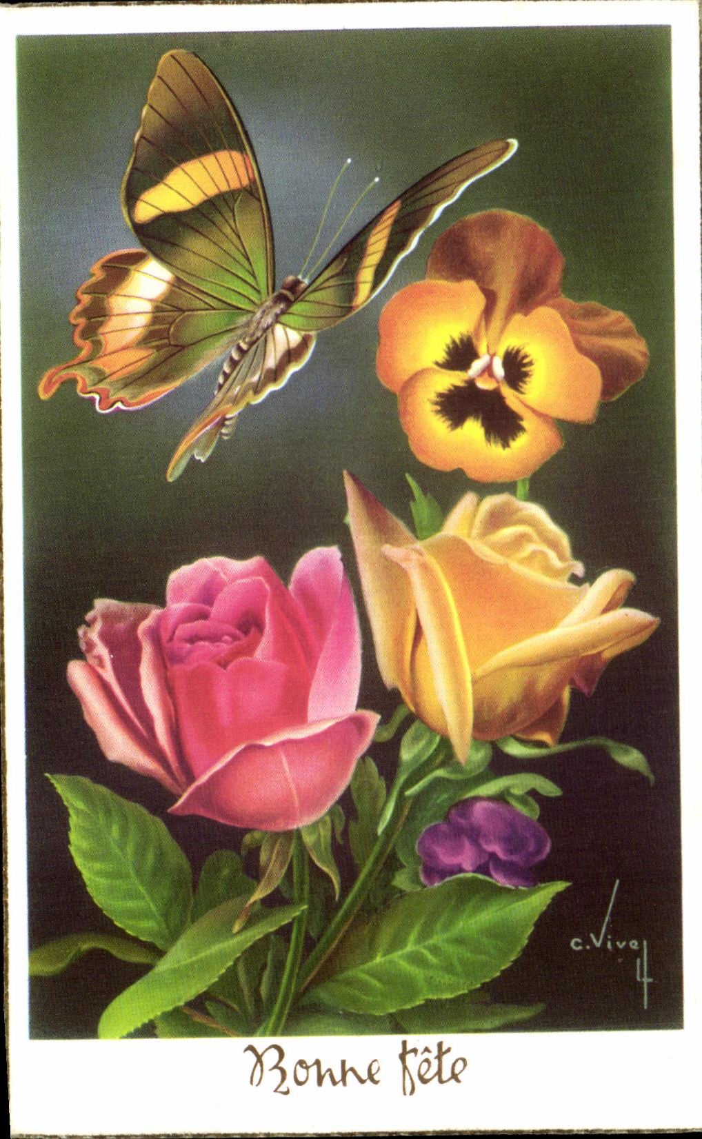 CPA Fantaisie Fleurs Papillon Bonne Fete