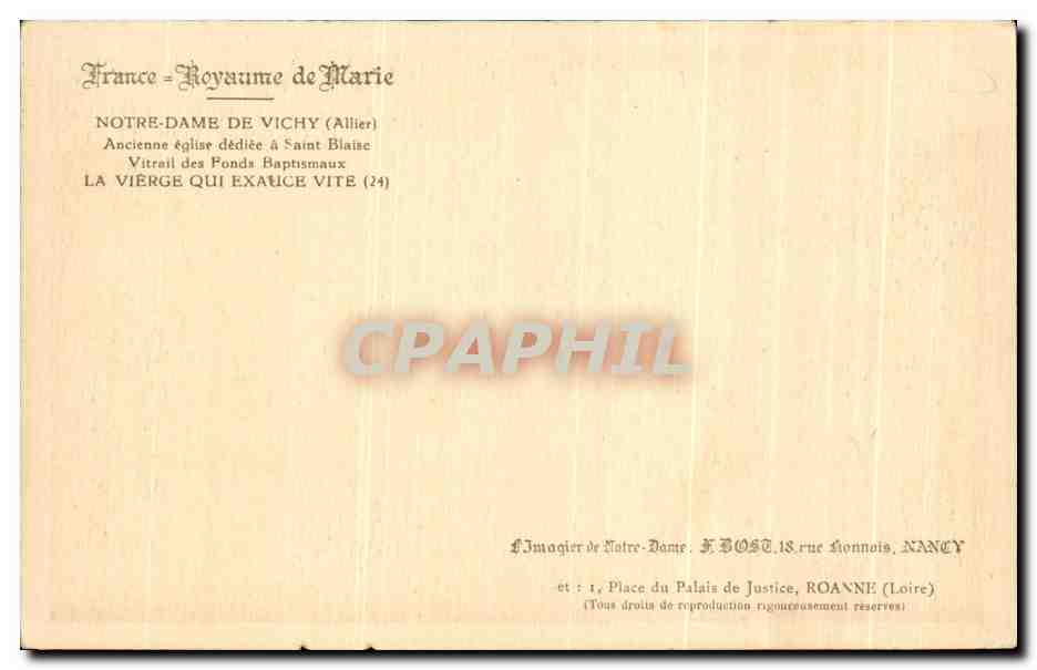 Die Schnellhelfende Jungfrau — Glasfenster der ehemaligen Kirche von Vichy (Allier) — F. Host — Rückseite