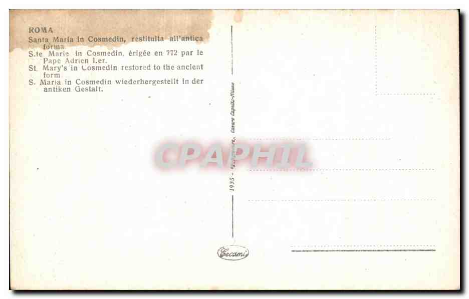 CPA Roma santa Maria in Cosmedin restitulta all antica forma — Rückseite