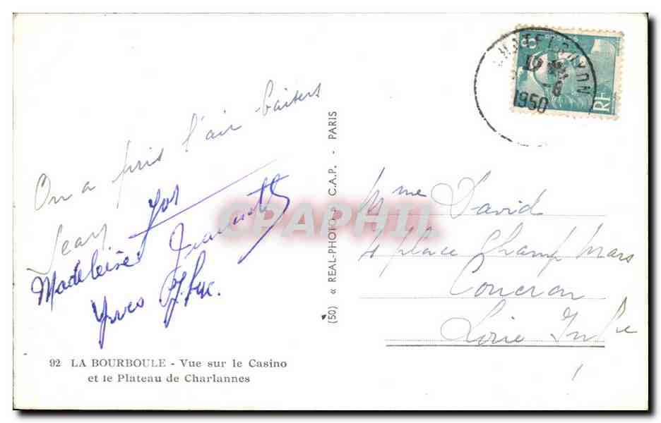 La Bourboule — Vue sur le Casino et le Plateau de Charlannes — REAL-PHOTO C.A.P. (50) — Verso