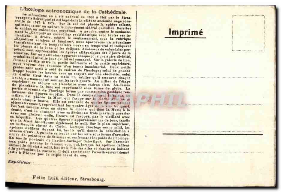 CARTE SYSTEME L'horloge astronomique de la Cathedrale Strasbourg — Verso