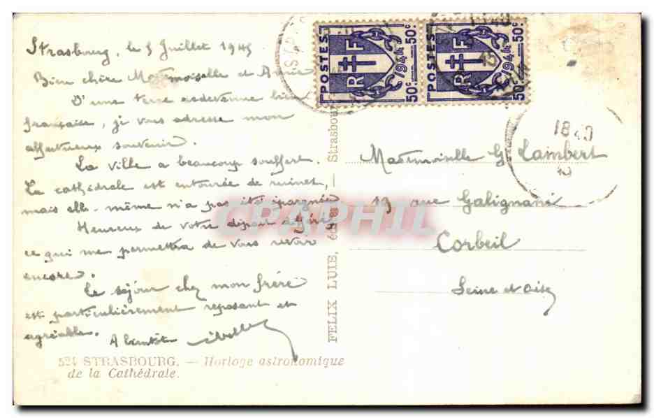CPA Strasbourg Horloge astronomique de la Cathedrale — Verso