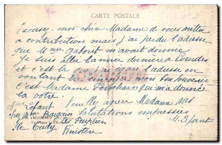 CPA Quimper La Riviere La Chaise de I'Eveque — Rückseite