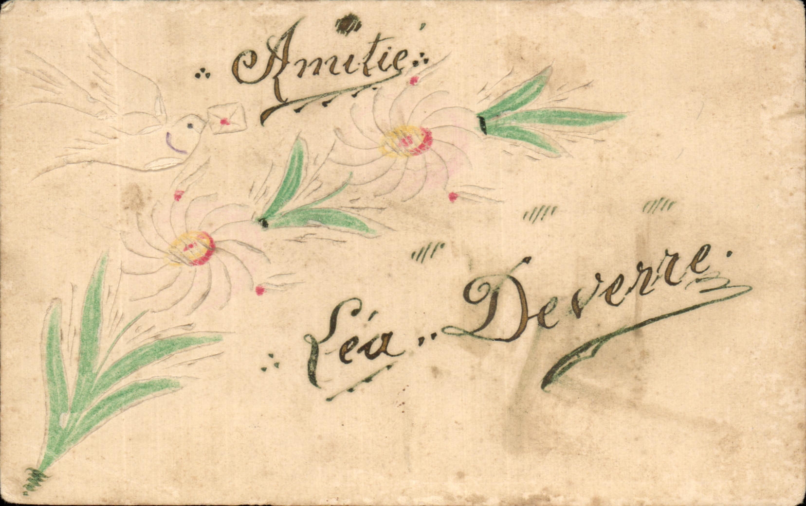 CPA Fantaisie Colombe Fleurs Amitie Lea Deverre