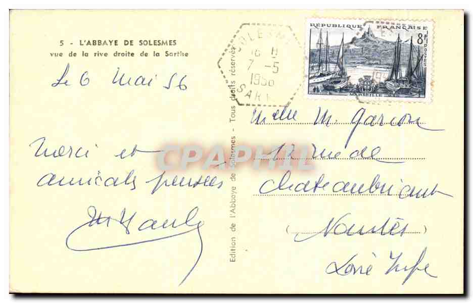 CPA L'Abbaye De Solesmes Vue de la Rive Droite de la Sarthe — Verso