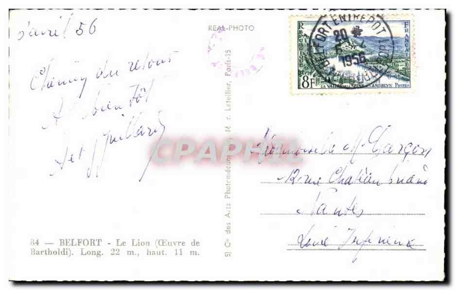 CPA Belfort Le Lion Bartholdi — Verso