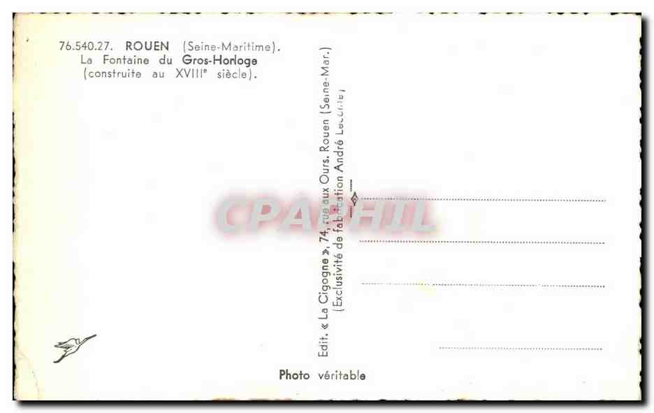 CPA Rouen La Fontaine du Gros Horloge — Verso