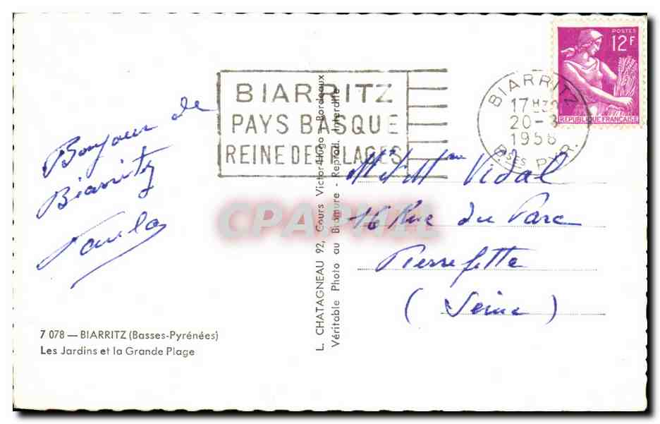 CPA Biarritz Les Jardins et la Grande Plage — Verso