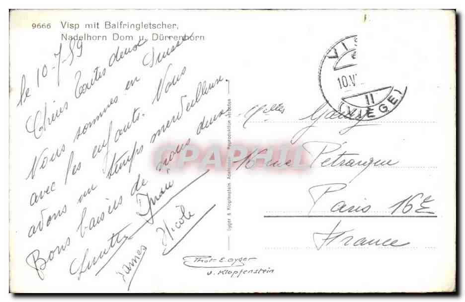 CPA Visp mit Balfringletscher Nadelhorn Dom u Durrenborn  — Rückseite
