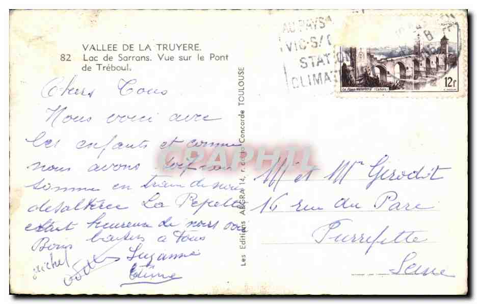 Lac de Sarrans — Vue sur le Pont de Tréboul — Éditeurs ARGRA, n°82 — Verso