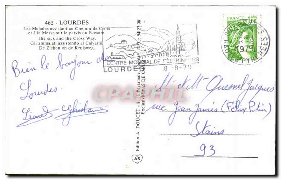 CPSM Lourdes Les Malades assistant au Chemin de Croix et la messe sur le Parvis du Rosaire — Verso