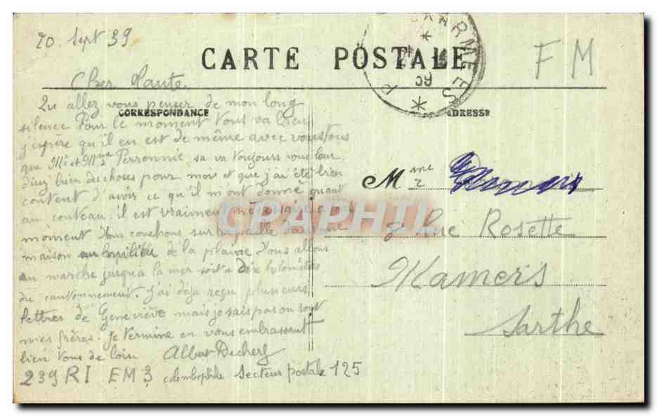 CPA carte non localisee 239 RI EM3 Colombophile Secteur Postal 125 Militaria  — Rückseite