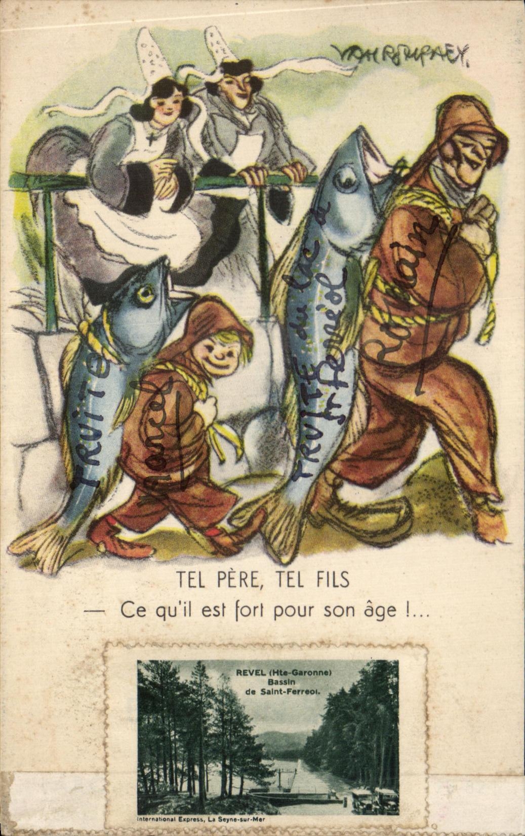 CPA Tel Pere Tel Fils Ce qu'il fort pour son age Illustrateur Folklore Revel Haute Garonne Bassin de Saint Ferreol