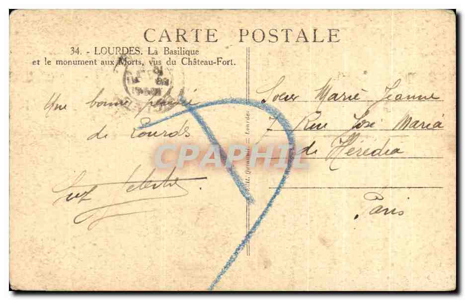 CPA Lourdes La Basilique et le monument aux Morts vus du Chateau — Verso