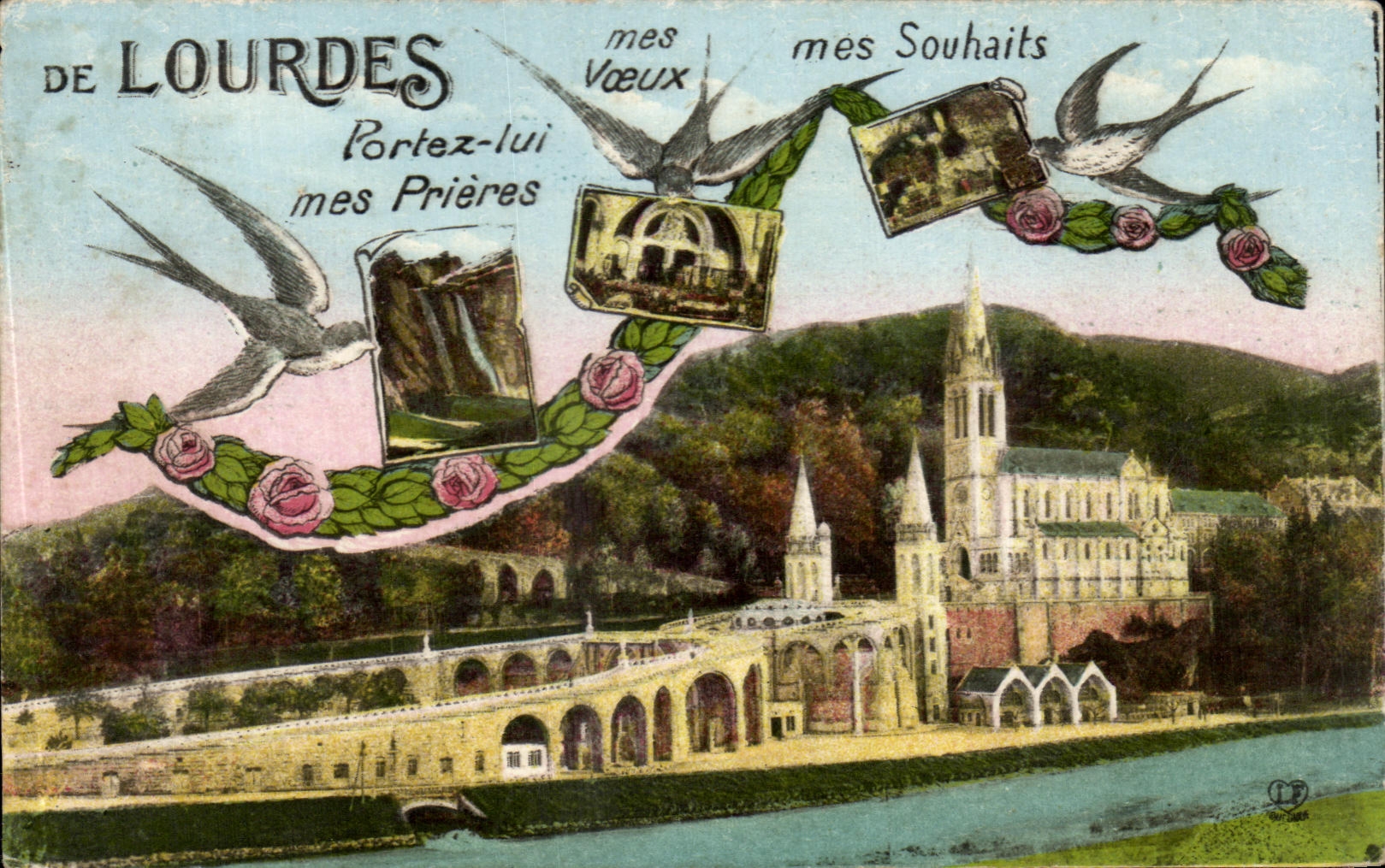 Lourdes — Carte postale religieuse avec oiseaux et roses — Éditions Labouche frères