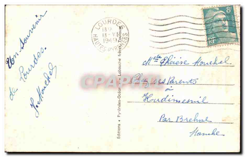 Lourdes — Carte postale religieuse avec oiseaux et roses — Éditions Labouche frères — Rückseite