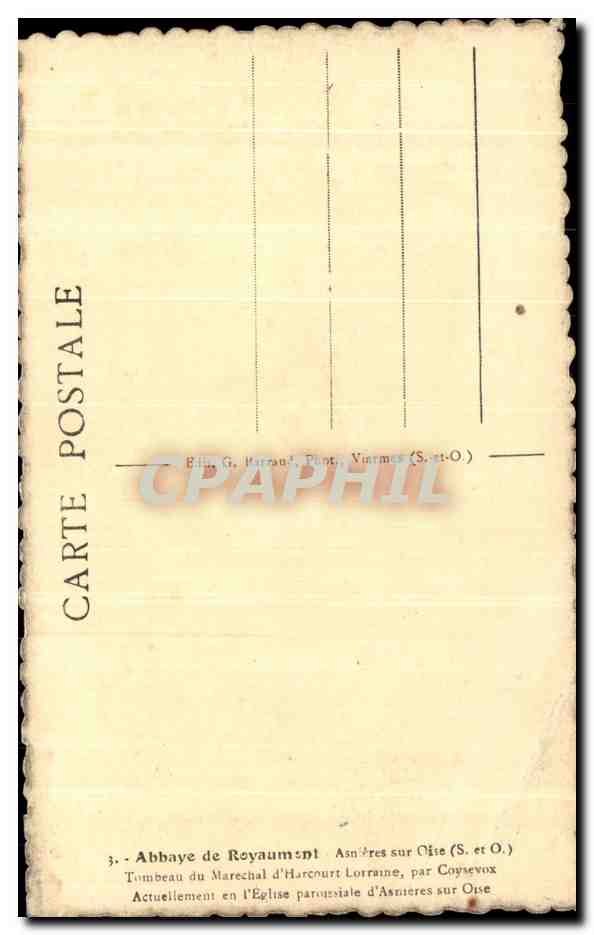 CPA Abbaye de Royaumont Asnieres sur Oise Tombeau du marechal d'Harcourt Lorraine par Coysevox — Verso