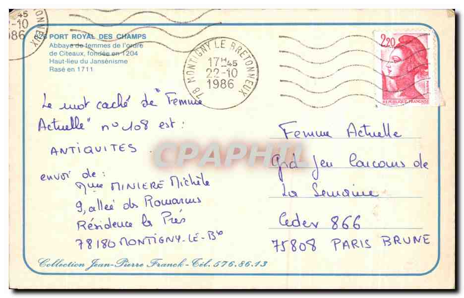 Port Royal des Champs — Abbaye de femmes du Jansénisme — éditeur inconnu, n° de série non visible — Achterkant
