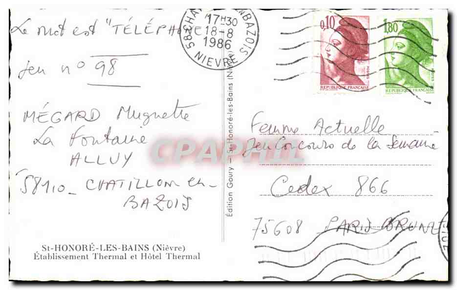 St-Honoré-les-Bains — Établissement Thermal et Hôtel Thermal — Édition Gory — Rückseite