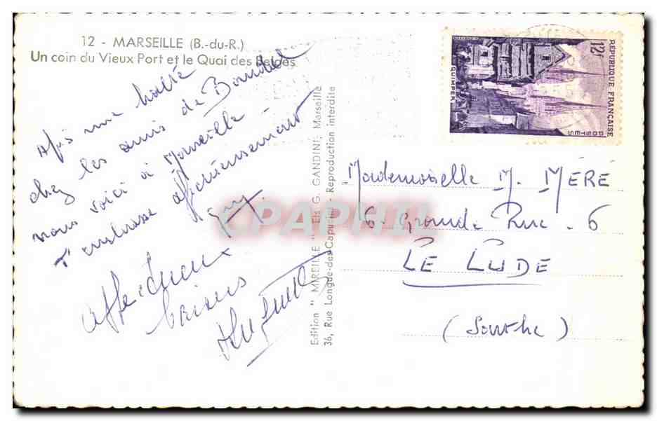 Tarjeta postal antigua Marsella Un rincón del Viejo Puerto y el Muelle de los Belgas — Reverso