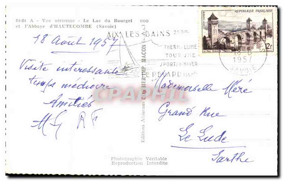 CPA A Vue aerienne Le Lac Du Bourget et I'Abbaye d'Hautecombe — Rückseite