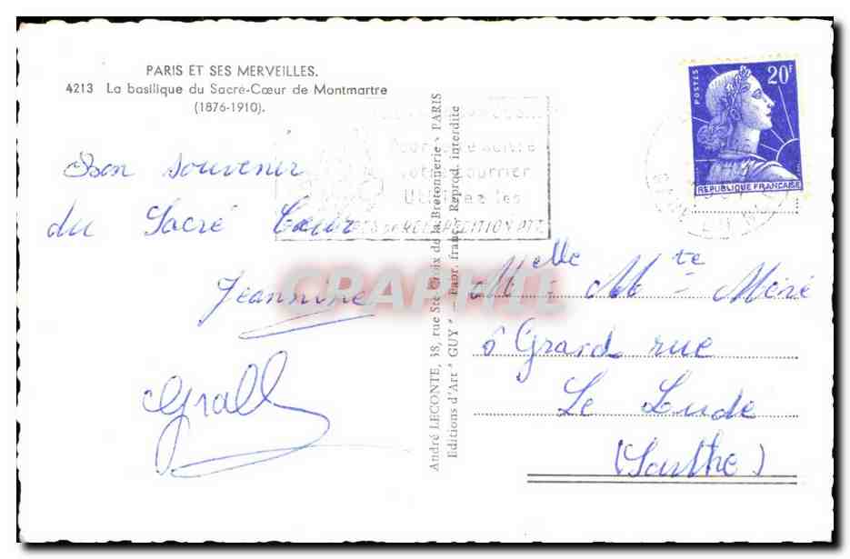 Sacre-Cœur de Montmartre — Basilique — Éditeur André Leconte, n°4213 — Rückseite