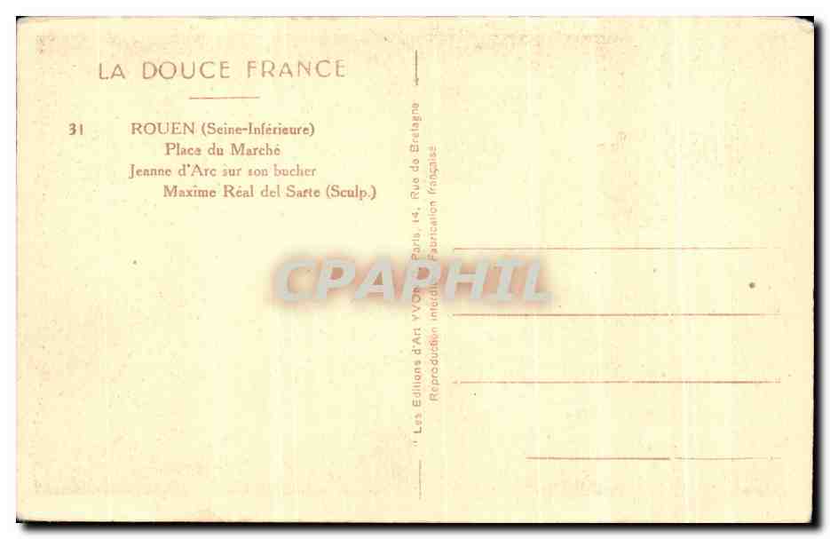 CPA Rouen Place du Marche Jeanne d'Arc Sur Son Bucher — Verso