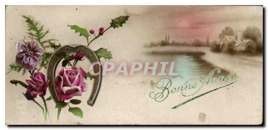 CPA Fantaisie fleurs Fer a cheval Bonne Annee