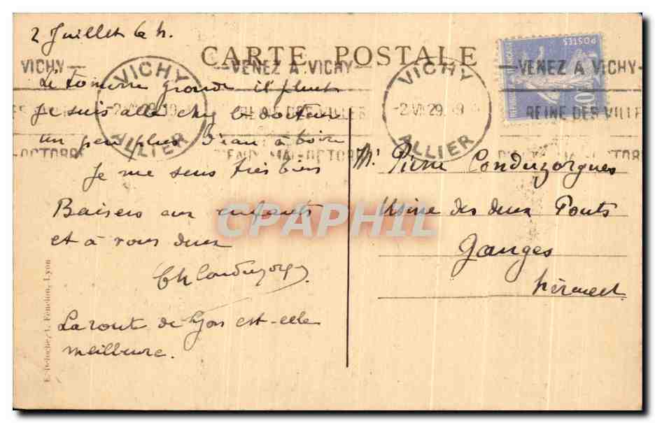 CPA Vichy Hotel De Plaisance Et Beau Rivage Sur Le Parc — Verso