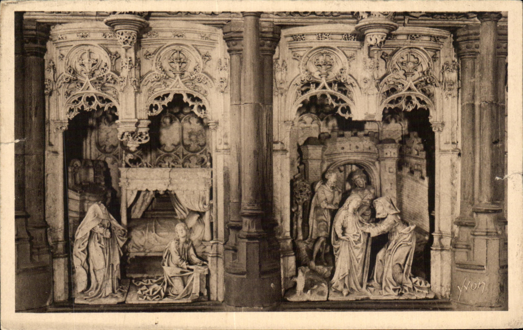 Tarjeta postal antigua Bourg Iglesia de Brou Figuras del Retablo de la Capilla de la Virgen