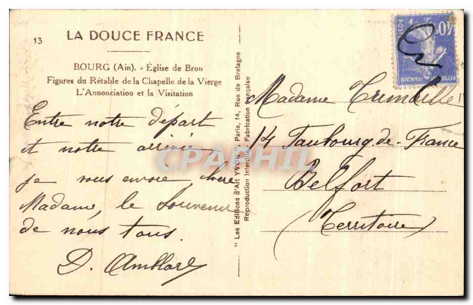 Tarjeta postal antigua Bourg Iglesia de Brou Figuras del Retablo de la Capilla de la Virgen — Reverso