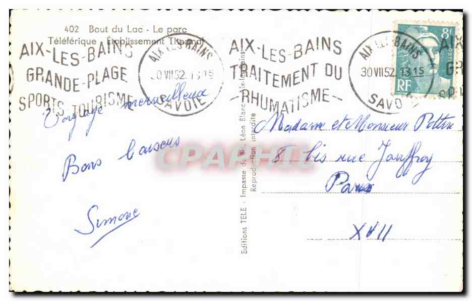 CPA Souvenir D'aix Les Bains — Verso