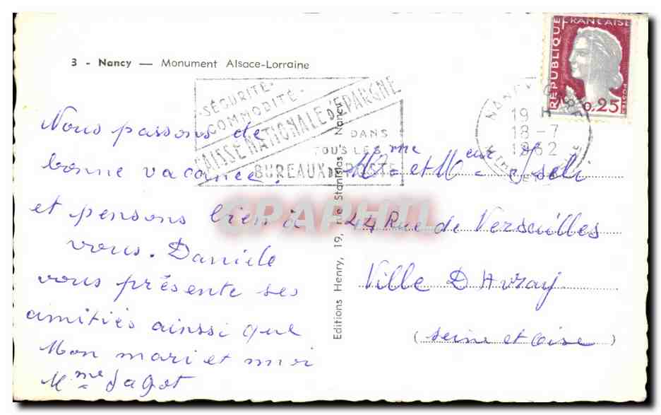 CPA Nancy Monument Alsace Lorraine — Verso