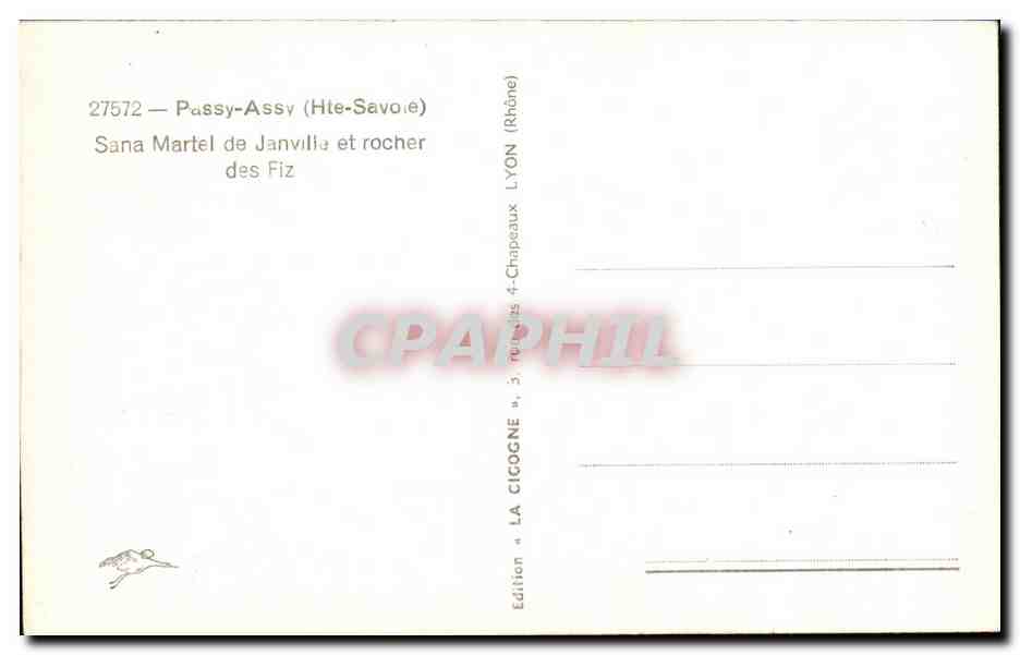 Passy-Assy (Haute-Savoie) — Sana Martel de Janvillie et rocher des Fiz — Édition La Cicogne, Lyon — Verso