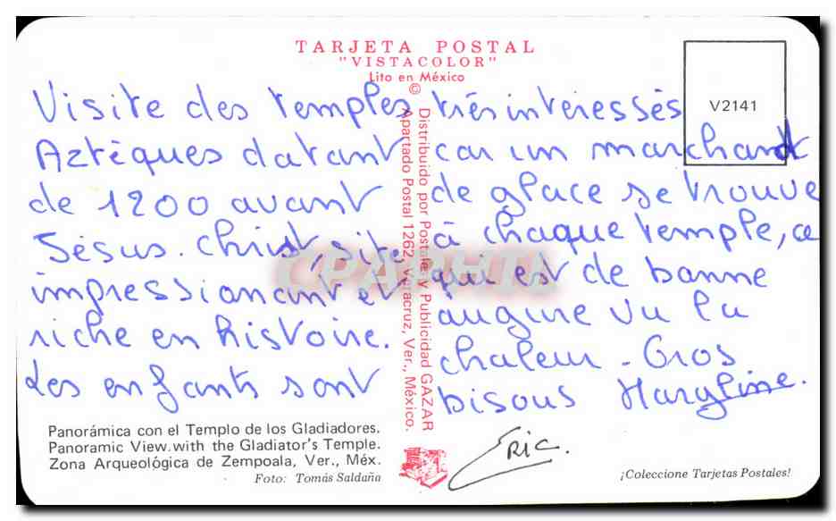 Cempoala, Ver. — Ruines aztèques — Tarjeta Postal 'Vistacolor' n° V2141 — Verso