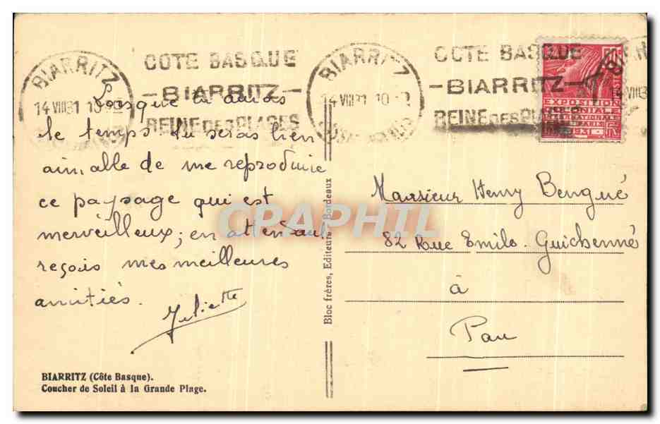 CPA Biarritz Coucher de Soleil a la Grande Plage — Verso