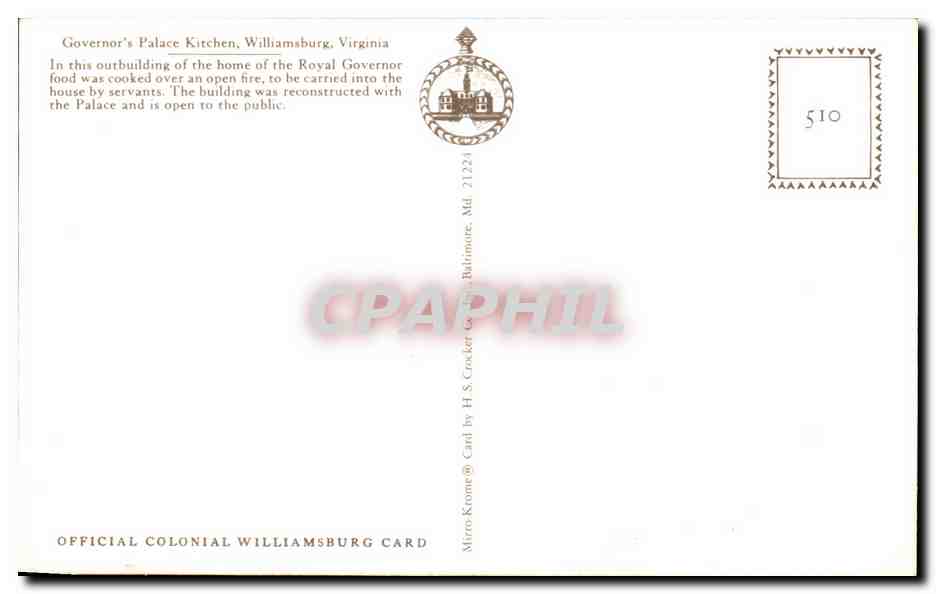CPM Governor's Palace Kitchen Williamsburg Virginia — Back